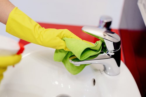 Carpet cleaning team prepared with safety equipment in a home setting
